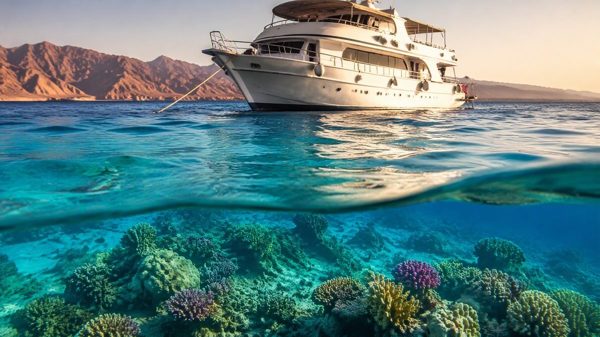 Barriera corallina e barca da escursione nel Mar Rosso a Sharm El Sheikh